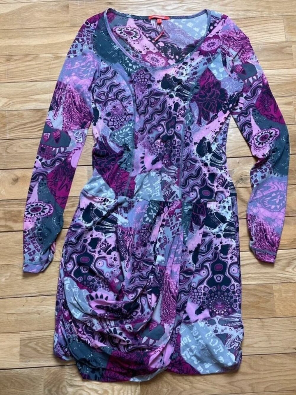 Notthesame pink abstract mesh dress  18 Y2K bodycon midi dress ruched tie front